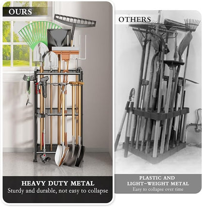 Garden Tool Organizer Storage Metal Yard Tool Organizer Heavy Duty Garden Tool Rack Stand with Extra Hooks, Up To 35 Long Handled Shovels/Rakes/Brooms Holder for Garage,Shed,Outdoor(Black)