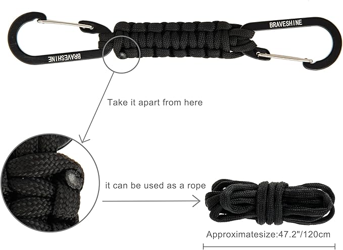 BRAVESHINE Paracord Keychain Carabiner Clip, D Ring Lanyard Hanger Stroller Hook for Water Bottle, Key, Backpacks, Men, Women