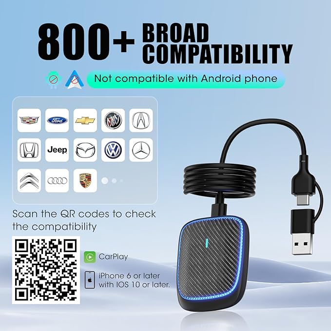 Wireless CarPlay Adapter for iPhone,Convert Wired to Apple Car Play Wireless Adapter, Plug and Play, with 60CM Extension Cable USB & Type-C, Connection Stable No Delay