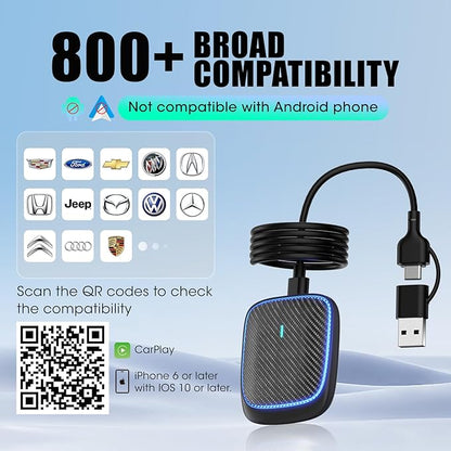 Wireless CarPlay Adapter for iPhone,Convert Wired to Apple Car Play Wireless Adapter, Plug and Play, with 60CM Extension Cable USB & Type-C, Connection Stable No Delay