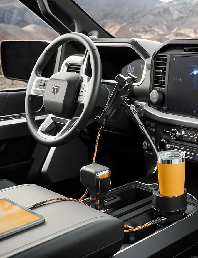 ToughTested XL Power Cup Holder Phone Holder - Heavy-Duty Phone Mount & Oversized Cup Holder for Car – Fits 64oz YETI/Stanley Mugs, USB Ports, 9" Gooseneck Arm – Universal for Truck, SUV, RV & Van