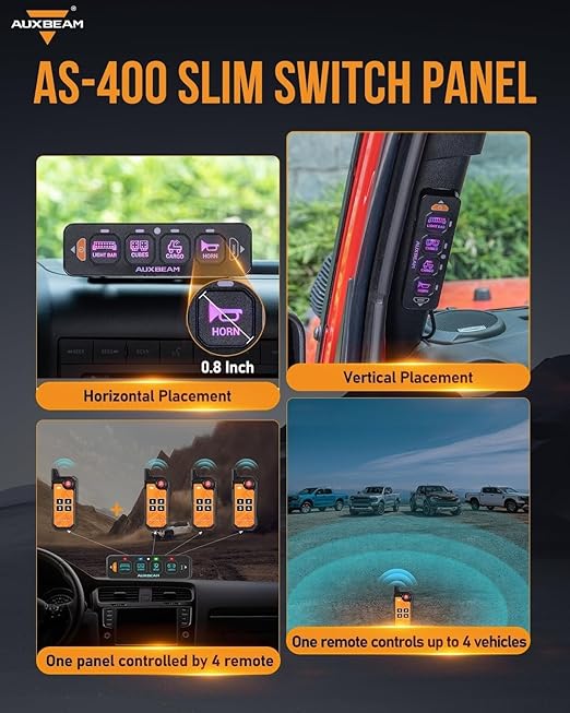 Auxbeam 4 Gang Slim Switch Panel Bluetooth RGB AS-400 with APP&Remote Control Toggle Momentary Pulsed Switch Pod Off Backlight for Truck Offroad UTV ATV Car Marine 12-24V Waterproof, 2 Years Warranty