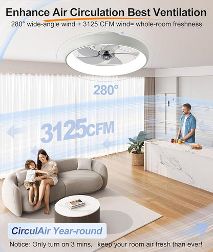Ultra Low Profile Ceiling Fans with Lights and Remote Ultra Quiet 25 dB, 21" Modern Flush Mount Ceiling Fan LED Ceiling Fan Fandelier Ceiling Milky White
