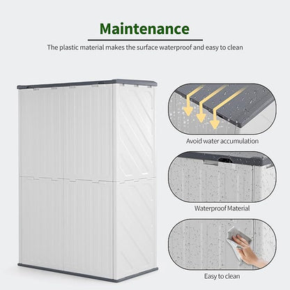 Macrout 50 Cu.Ft Plastic Outdoor Storage Cabinet with Shelves, 4.3 x 2.5 ft Waterproof Resin Outdoor Storage Shed with Floor, Lockable Vertical Shed for Garden and Patio