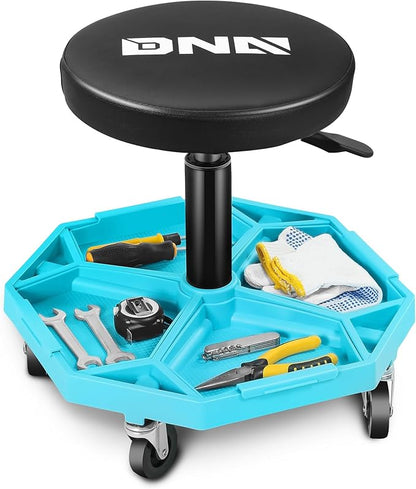 DNA MOTORING Adjustable Height Pneumatic Garage Seat Rolling Mechanic Stool with Tool Tray Storage,300lbs Max Weight Capacity, Blue,TOOLS-00480