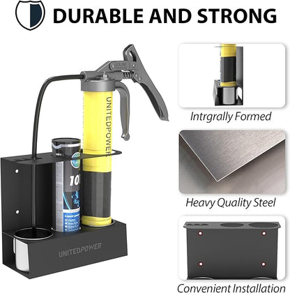 UNITEDPOWER Grease Gun Holder, Wall Mount Grease Gun Storage Rack, Organizer for Workshop, Shop, Garage with Removable Drip Cups & Spare Cartridge Holder