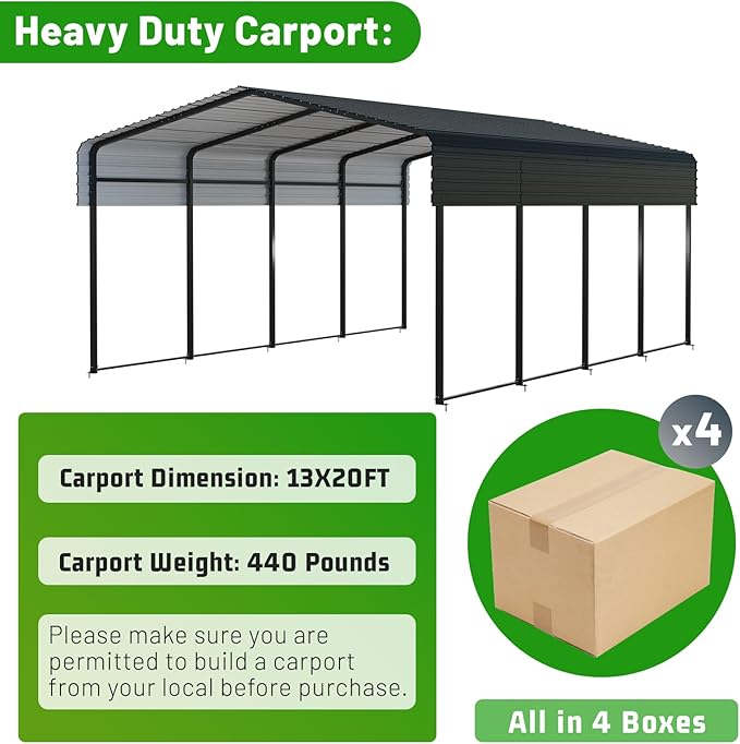 13 x 20 FT Metal Carport with Heavy Duty Galvanized Steel Roof & Durable Frame, Metal Car Garage, Sturdy Canopy Shelter for Car, Truck, Pickup, SUV, Tractor, and Boat