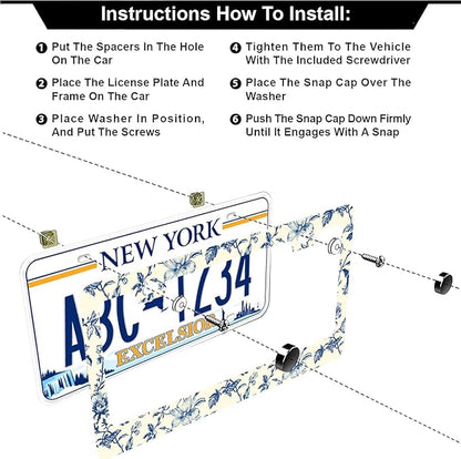 Blue Floral Flowers License Plate Frames - 2 Pcs Set 2 Holes Stainless Steel Metal Auto Car Accessories Decoration License Plate Frame Cover Size 6.3" x 12.2" Fit US Vehicles for Women Men Gift