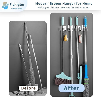 6 Pack Stainless Steel Mop and Broom Holders – Wall Mounted Grippers with Adhesive or Nail-Free Glue, No-Drill Installation for Kitchen, Bathroom, Garage