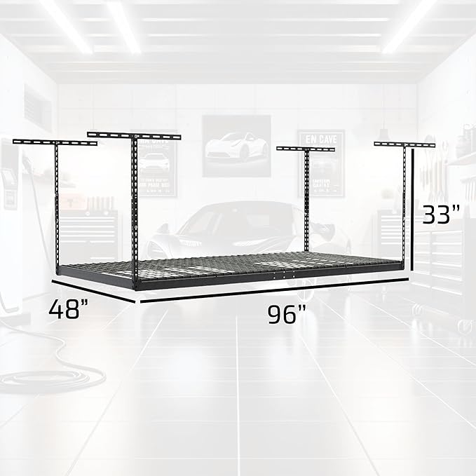 MonsterRax Overhead Garage Storage Rack - 4 x 8 Ceiling Rack for Garage Racks, Organization Shelving, Adjustable Hanging Shelf, Grey 18"- 33" Height Adjustment