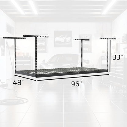 MonsterRax Overhead Garage Storage Rack - 4 x 8 Ceiling Rack for Garage Racks, Organization Shelving, Adjustable Hanging Shelf, Grey 18"- 33" Height Adjustment