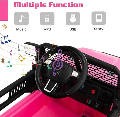 OLAKIDS Kids Ride On Truck, 12V Electric Vehicle Jeep Car with Remote Control, Toddlers Battery Powered Toy with 2 Speeds, Spring Suspension, Double Open Doors, LED Lights, Music, TF, USB, Mp3 (Pink)