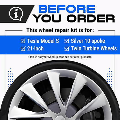 Premium Tesla Wheel Curb Rash Repair Kit for Model S 21-inch Silver Twin Turbine Rims - DIY Kit with Color-matched Touch Up Paint - Made in USA