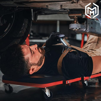 M-AUTO Heavy-Duty Automotive Creeper with 3-leves Adjustable Headrest, 42.5" Padded Metal Frame Creeper with Tools Tray for Garage Shop, 6 Noiseless Casters 300LBS Capacity, Red