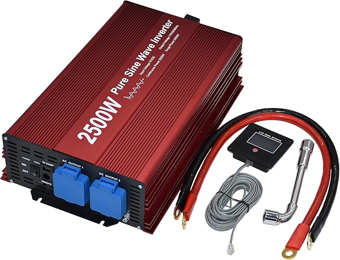 2500W Pure Sine Wave Inverter 12V to 120V AC with 2 AC outlets, DC5V 2 Amp USB Output, LCD Display Wire Remote kit and Heavy Duty Battery Cables.