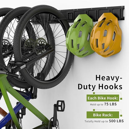 Bike Storage Rack 48Inch for 6 Bikes + 5 Helmets, 500lbs Capacity, Heavy Duty Steel Bicycle Wall Mount Hanger for Garage Storage, Bike Hooks, Bicycle Storage, Bike Wall Mount, Black