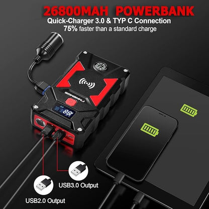Car Jump Starter, 6000A Peak 26800mAh 12V Car Battery Starter(Up to All Gas, 10.0L Diesel Engine), with USB Quick Charge 3.0,LED Light,12V EC-5 Output.