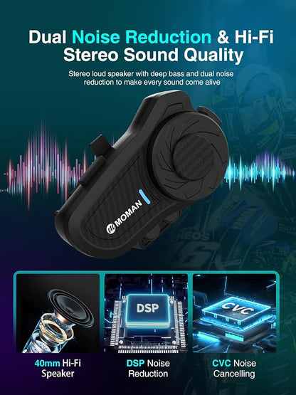 Moman Motorcycle Intercom, H2 Pro【2 Pack Carbon】 Helmet Headset Wireless Communication System to 1000M with DSP&CVC Noise Cancellation IP65 Waterproof FM, Motorcycle-Intercom-Headset-Helmet-Motobike