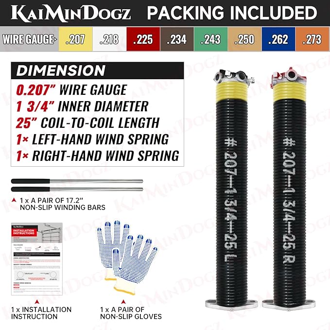 Pair of 1.75" Garage Door Torsion Springs Set with Non-Slip Winding Bars&Gloves, High Precision Electrophoresis Oil-Free Black Coated for Replacement, MIN 16,000 Cycles (0.207 x 1.75"x 25")