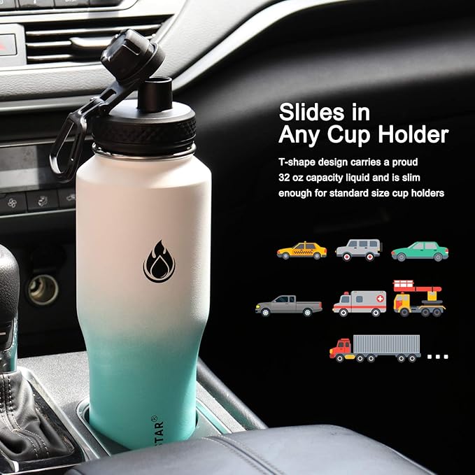 SENDESTAR Water Bottle 32oz,2 Lids(Straw lid),Wide Mouth Stainless Steel Vacuum Insulated Double Wall Keep Liquids Cold or Hot All Day,Sweat Proof Sport Design,Fit Car Cup Holder(White&Tiffany)