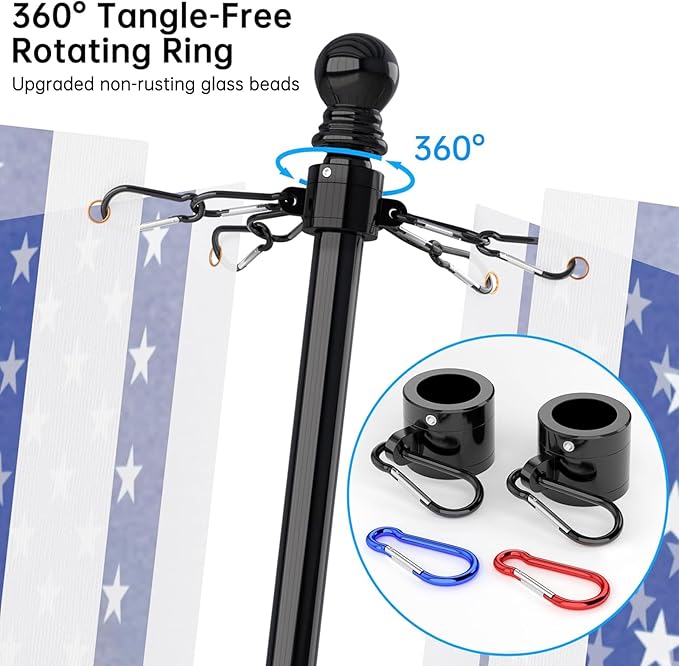 ZMTECH Flag Pole - Upgraded Bracket, (2 Packs) 6 FT Stainless Steel Flag Poles for Outside House, Residential or Commerical, Tangle Free Flag Pole Kit for American Flag (Without Flag, Black)