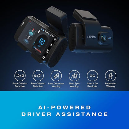 Type S T200 AI Driver Assistance Dash Cam Powered by ADAS, 1440p, Collision Alerts, Lane and Pedestrian Detection, Vehicle Departure Reminders, Front Rear 2 Channel Smart 24/7 Video Surveillance