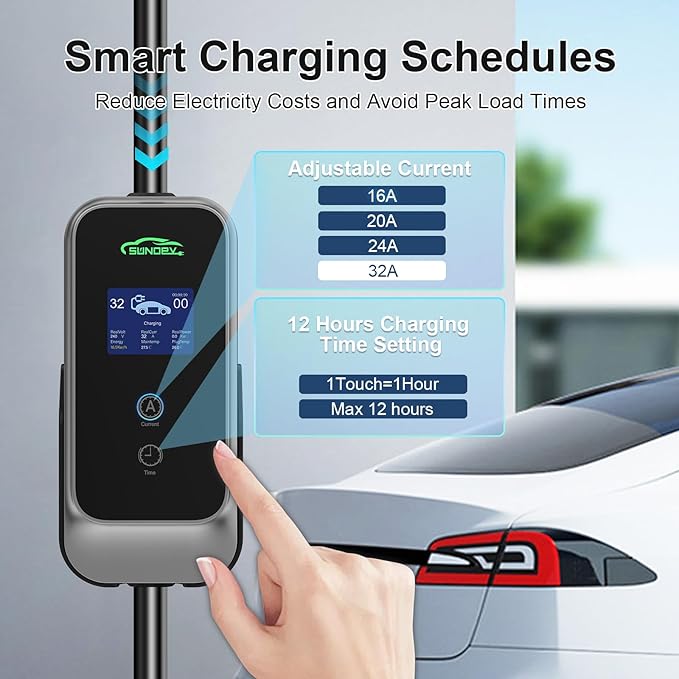 Level 2 EV Charger, 32A 240V Electric Car Charger for SAE-J1772 EVs, Indoor/Outdoor Portable EV Chargers with 25FT Cable, NEMA 14-50 Plug, Adjustable Current & Schedule Charging Time