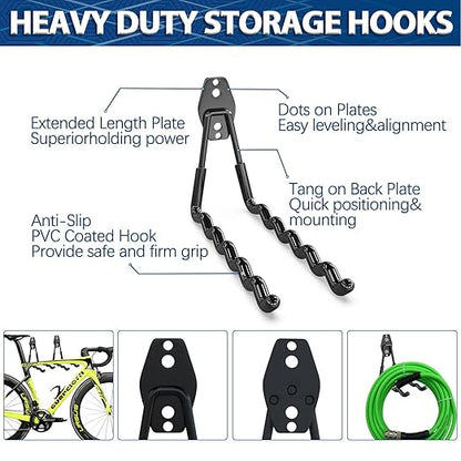 3-H Garage Hooks Heavy Duty with 2 Storage Straps, Utility Garage Wall Mount Hooks for Garden, Ladders, WeedEater, Shovel(Black)