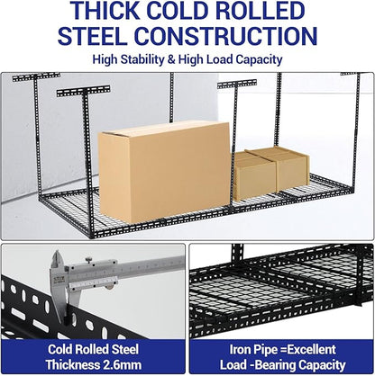 Overhead Garage Storage Rack 4x8 FT, Steel Ceiling Shelves 660lb Capacity, Height Adjustable 22-40 Inches, Space-Saving for Attic Basement Shed (Black, 6 Posts)
