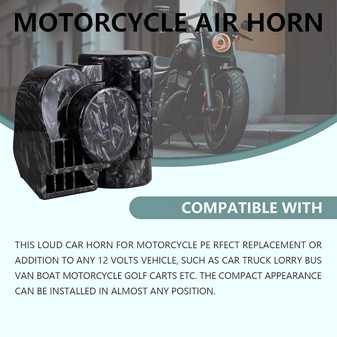 Loud Car Horn with Relay,150dB Train Horn for Motorcycle,12V Air Horns for Car,Black & Gray Personalized Pattern,Dark Style Motorcycle Waterproof Snail Horns