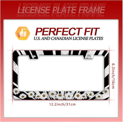 Sun License Plate Frame Black White Daisy Flowers License Plate Frames Funny Auto Accessories Bracket Stainless Steel License Plate with Screw 6x12 Inch