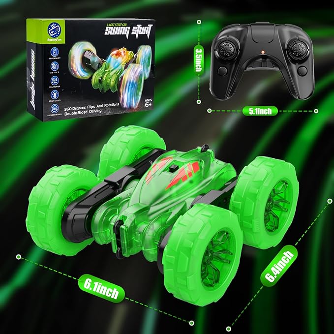 Remote Control Car-Rechargeable Fast Direct Charging RC Cars For Kids with Colorful Light,Double-Sided 360° Rotating RC Stunt Car 4WD RC Truck Car Toys for Ages 5-7 Gift for Boys Girls Aged 8-12 Green