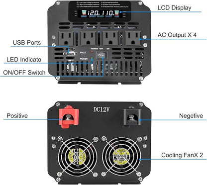 4000 Watt Power Inverter, Car Inverter 12V DC to 110V/120V AC Converter with LCD Display, 4 AC Outlets, USB Port & Remote Controller for RV, Truck, Off-Grid Solar System