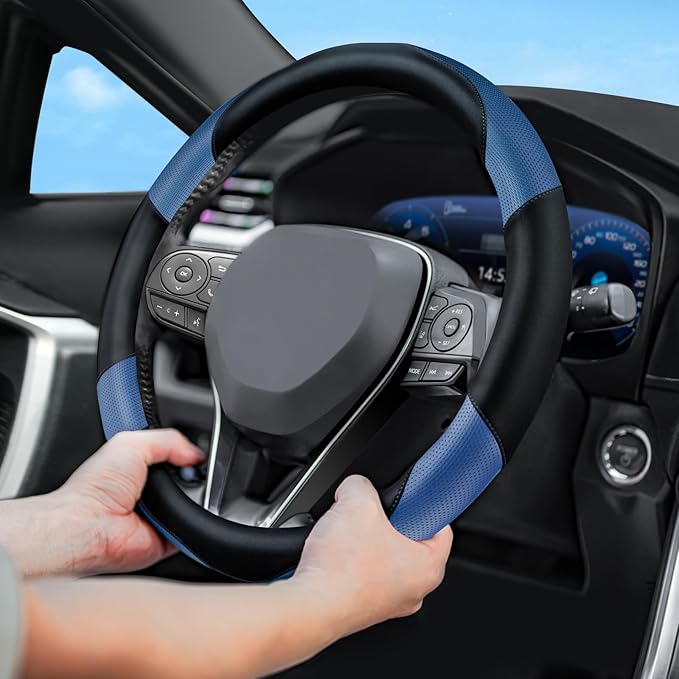 Soft Leather Steering Wheel Cover with Breathable Design and Anti-Slip Grip, Fully Compatible with Tesla, Toyota, Honda, Nissan 14.2-14.96 inch Round Steering Wheel（Sedans and SUVs）