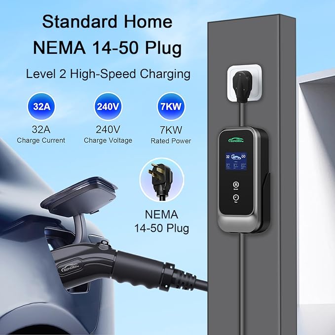 Level 2 EV Charger, 32A 240V Electric Car Charger for SAE-J1772 EVs, Indoor/Outdoor Portable EV Chargers with 25FT Cable, NEMA 14-50 Plug, Adjustable Current & Schedule Charging Time