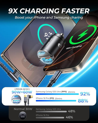 MRGLAS 90W Fast iPhone 16 Car Charger, USB C Car Charger with Type C Cable, PD45W & QC45W, Flush Fit, All Metal, Cigarette Lighter USB Adapter for iPhone 16 15 Samsung S25 Ultra Pixel 8