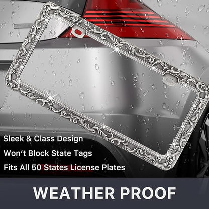 Valor Gel Metal Car License Plate Frames,Antique Old Pattern Printing, Bling Crystal Rhinestones Inlaid,Universal 2 Holes Automotive Replacement Parts Plate Holder(1 Pack)