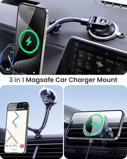 OQTIQ for MagSafe Car Charger, Magnetic Wireless Car Charger Compatible with iPhone 16 15 14 13 12 Series, 15W Fast Charging Car Phone Mount for Windshield Dashboard Air Vent [with PD 30W Adaptor]