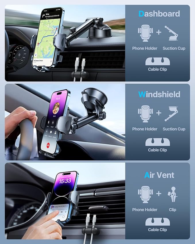 2025 Ultimate Car Phone Holder【80+LBS Strongest Suction & Military-Grade】 Universal Cell Phone Holder Truck Car Mount for Dashboard Windshield Air Vent for iPhone 16 Pro Max 15 Samsung 2pcs,Grey