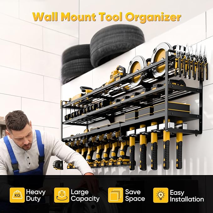 49" W Large Power Tool Organizer Wall Mount Loads 600 lbs, Heavy Duty 4-Tier 12 Drills Holder, Cordless Tool Storage Battery Shelf, Utility Racks for Garage Workshop Shed, Gifts for Men Husband
