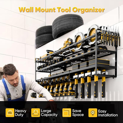 49" W Large Power Tool Organizer Wall Mount Loads 600 lbs, Heavy Duty 4-Tier 12 Drills Holder, Cordless Tool Storage Battery Shelf, Utility Racks for Garage Workshop Shed, Gifts for Men Husband