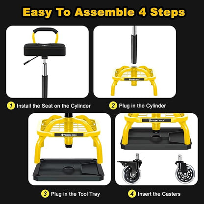 Rolling Shop Stool with Wheels, Garage Mechanic Shop Chair with Handle Backrest, Adjustable Height Work Stool, Roller Seat with Tool Tray Storage, Heavy Duty, 330 LBS Capacity, Yellow