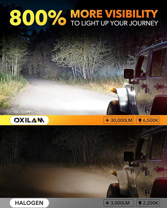 OXILAM H13 9008 Light Bulbs, 30,000LM 800% Ultra Brightness, 6,500K White Fog Bulb, 1:1 Size as Stock Bulb, Plug and Play Halogen Replacement, 2 Pack