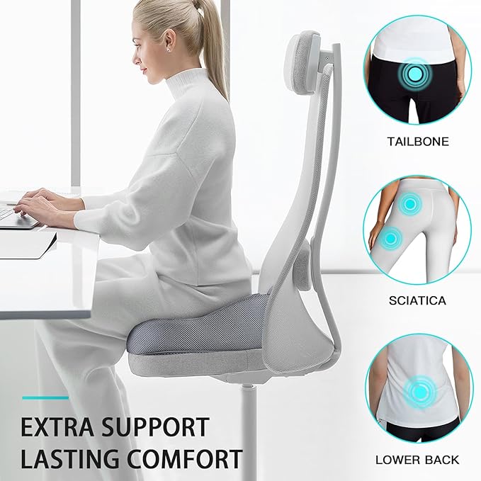 Benazcap Memory Seat Cushion for Office Chair Sciatica & Back Pain Relief Memory Foam Firm Coccyx Pad for Car, Wheelchair, Gaming Chair and Desk Chair, Gray