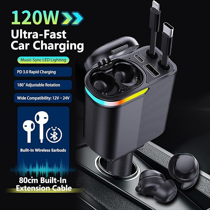 MLVOC 120W Fast Charging Car Charger with Earbuds, Retractable 4-in-1 USB-C & Lightning for iPhone & Android (Black)