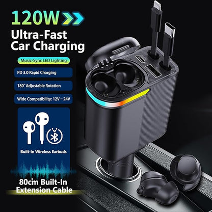 MLVOC 120W Fast Charging Car Charger with Earbuds, Retractable 4-in-1 USB-C & Lightning for iPhone & Android (Black)