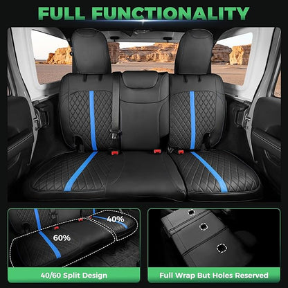 for Jeep Wrangler Seat Covers 4Door JL 2018 2019 2020 2021 2022 2023 2024 2025, Custom Car Seat Cover Full Set, Luxury Waterproof Leather Seat Protectors, Black Blue Trim, W/O Rear Cup Holder