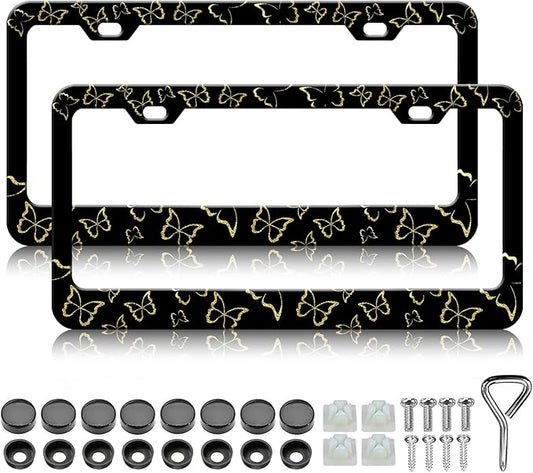 Golden Butterfly License Plate Frames - 2 Pack Beautiful Butterfly Stainless Steel License Plate Holder,Rust-Proof Waterproof Car Decorative Tag Frame with Screws Fasteners Caps