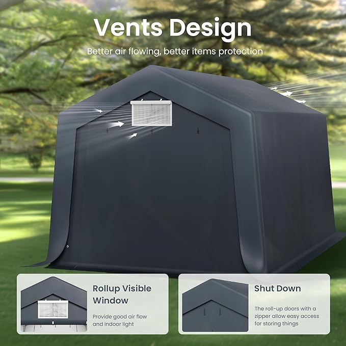 PHI VILLA 10'X15'*8.7' Outdoor Portable Storage Shelter Shed Garage with 2 Roll up Zipper Doors & Vents Carport for Motorcycle Waterproof and UV Resistant Anti-Snow Portable Garage Kit Tent, Gray