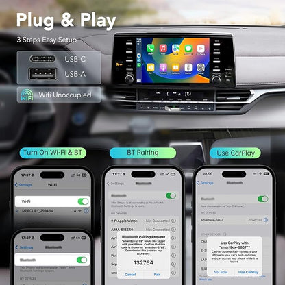 Wireless CarPlay Adapter 2025, Convert Wired to Wireless CarPlay Adaptor for Apple, Compatible with Cars with Factory Wired CarPlay for iPhone & Android with USB/USB-C Port (Light Grey)